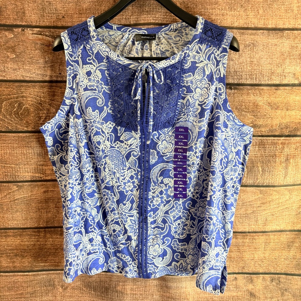 Rafaella Blue and White Sleeveless Tie Front Top